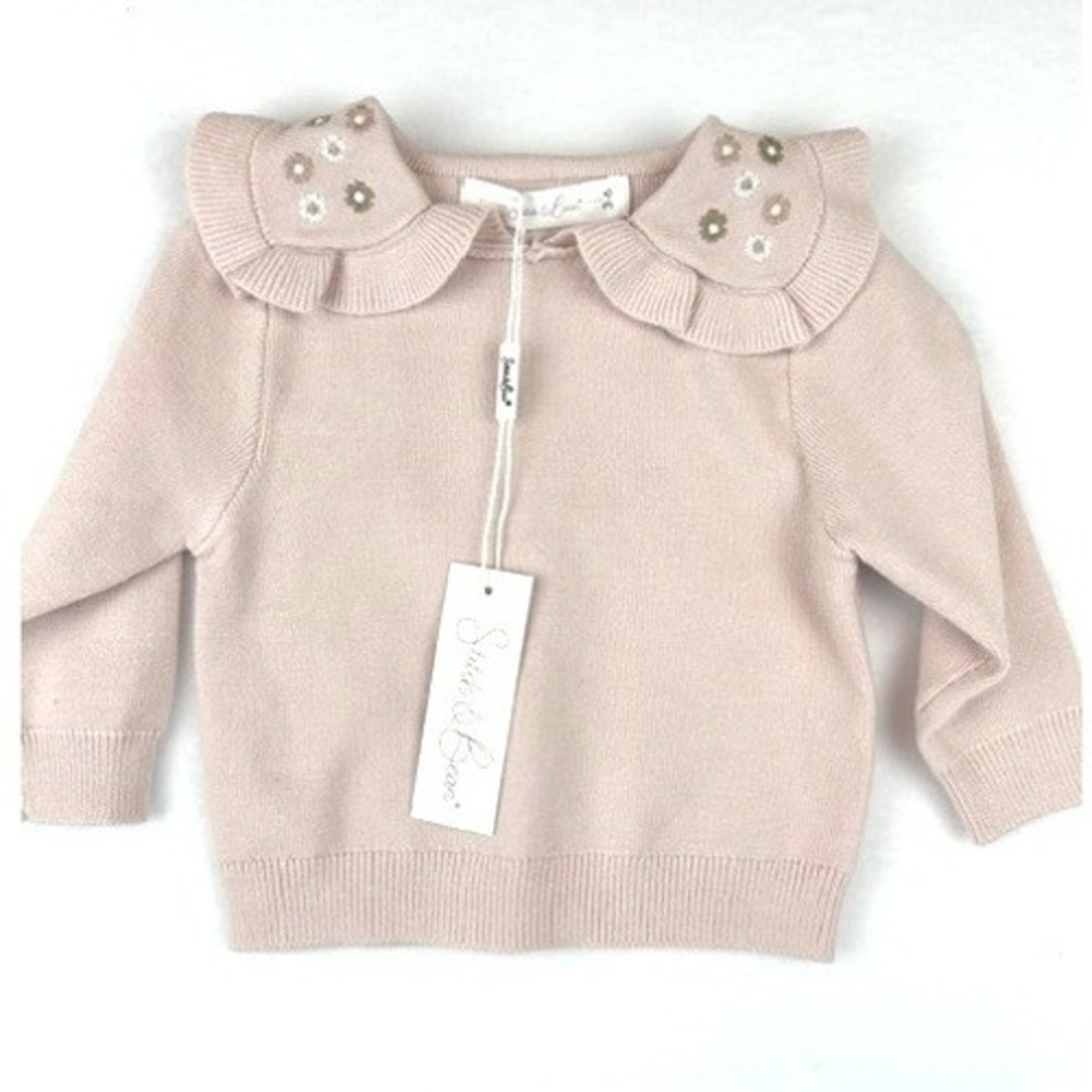 NWT Stitch & Bean Sweater Pink Floral Embroidered Ruffle Collar Baby Girl 3-6M